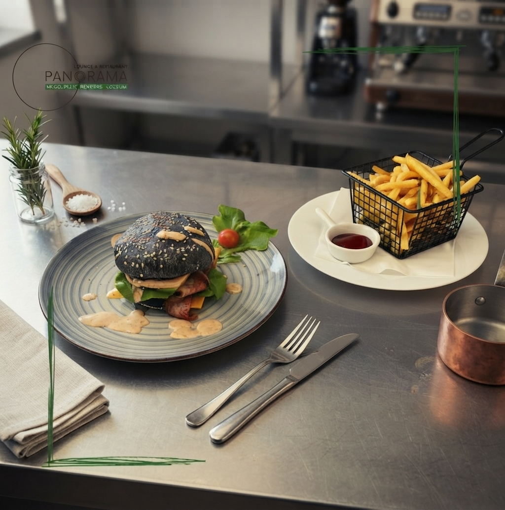 Burger mit schwarzem Brötchen und knusprigen Pommes