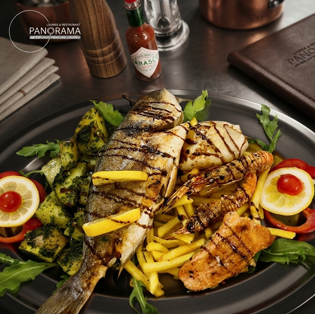 Meeresfrüchteplatte mit Fisch, Garnelen und Lachs