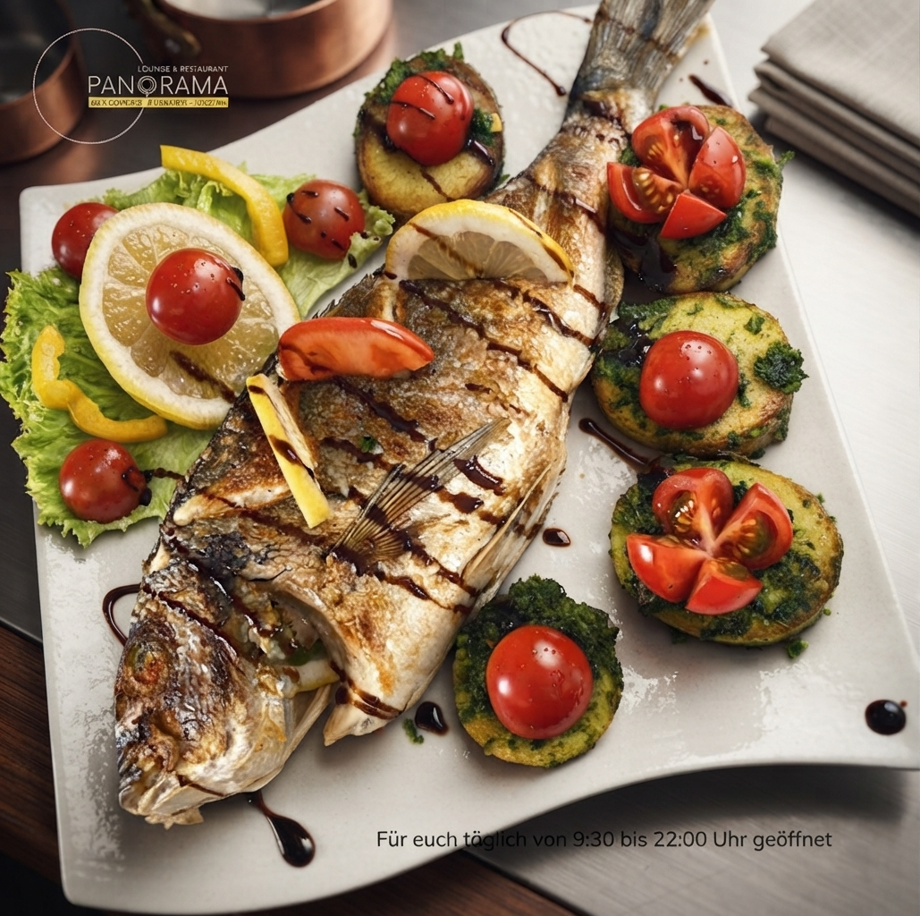 Gegrillte Dorade mit Pesto-Kartoffeln, Tomaten und Zitrone